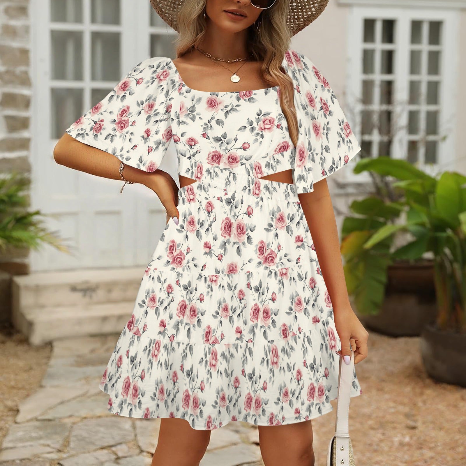 cutout waist floral mini dress front view