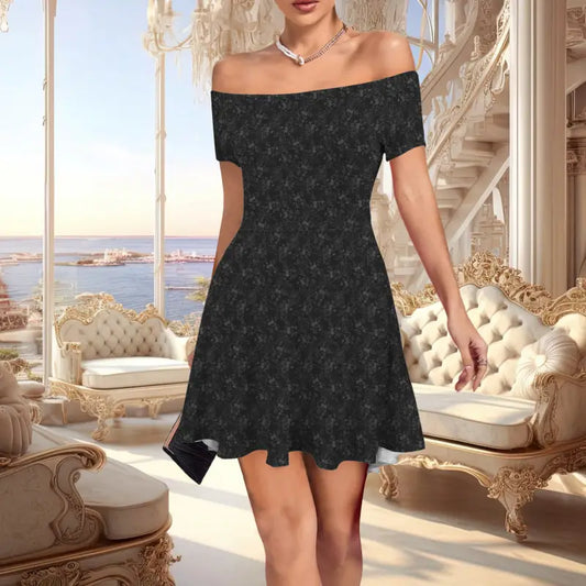 Off-shoulder black floral dress with short sleeves, perfect for a chic night out