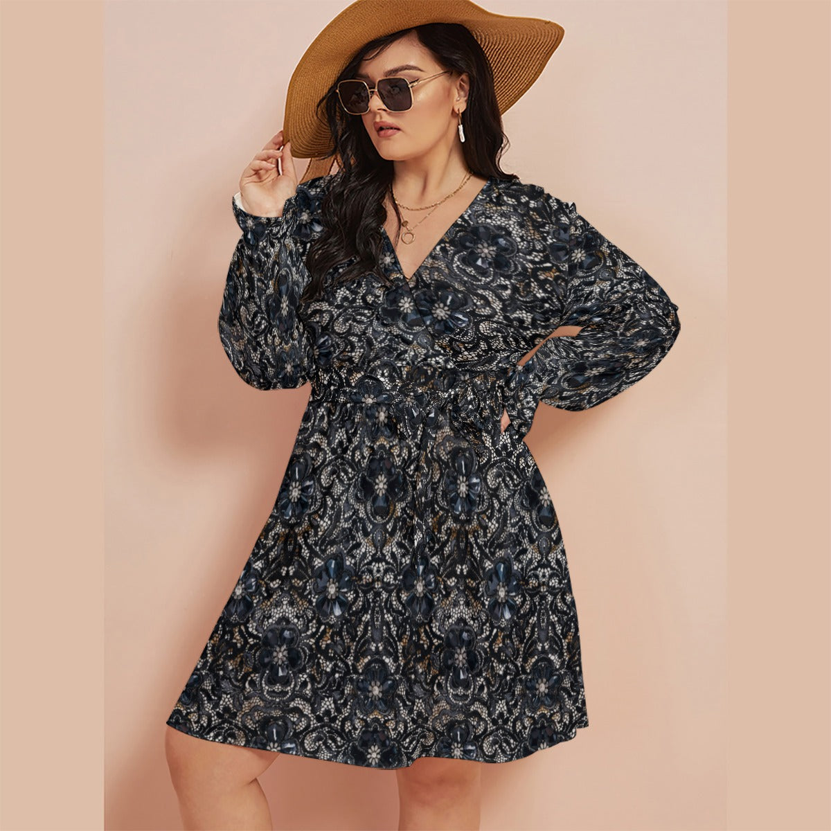 dark floral wrap mini dress with hat styling