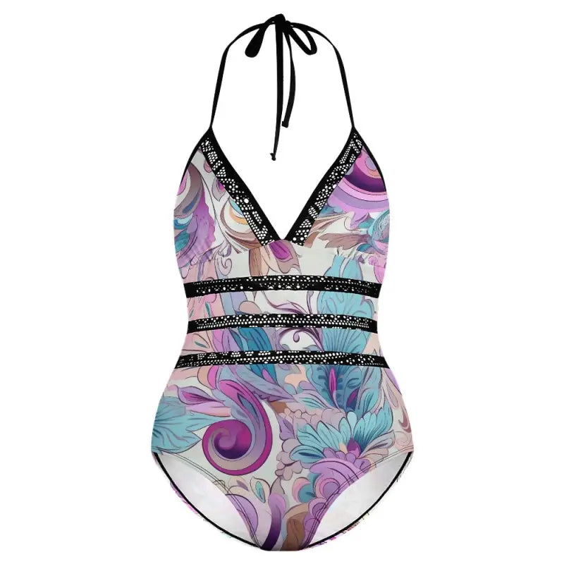 Halter-style boho lace trim swimsuit in purple and blue with sequined stripes