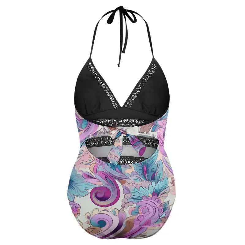 Halter-style boho lace trim swimsuit with a vibrant floral pattern and black top