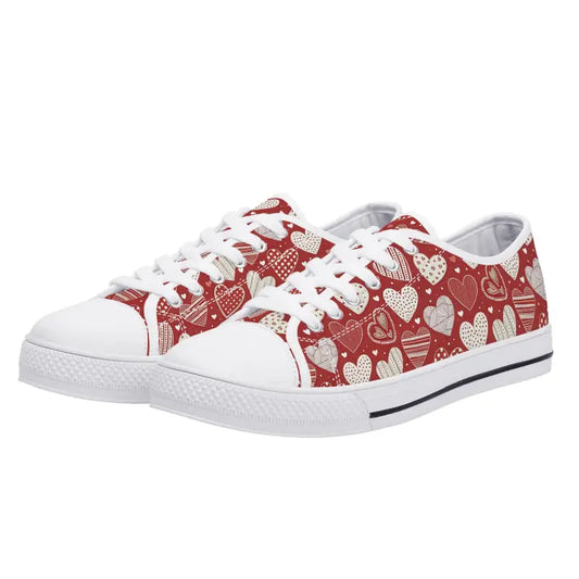 Red and white womens low Valentine sneakers with a cute heart pattern design