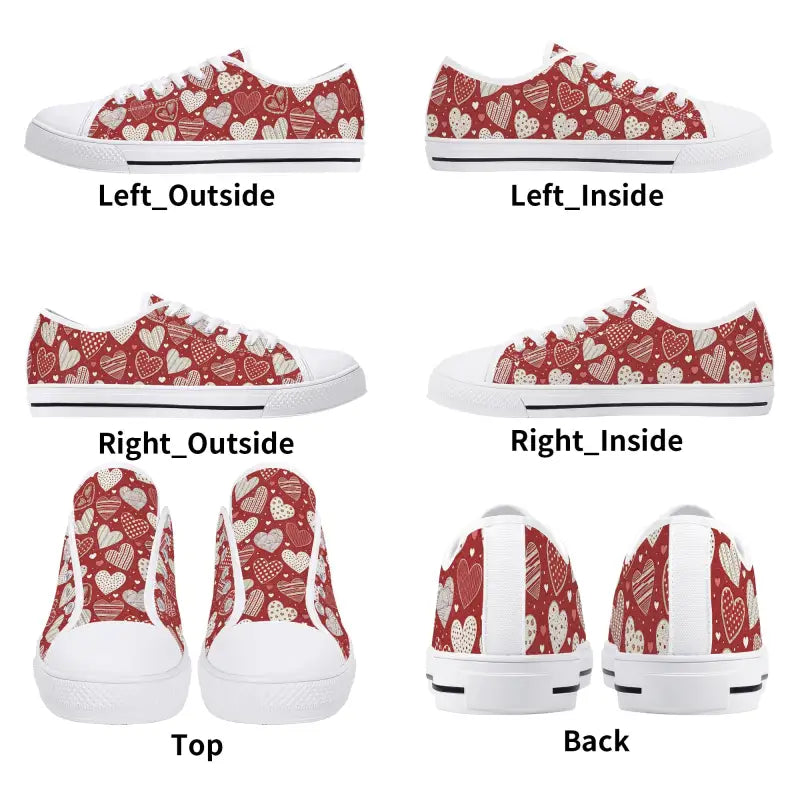 Cute Womens Low Valentine Sneakers with a red and white heart pattern for Valentine’s Day fun