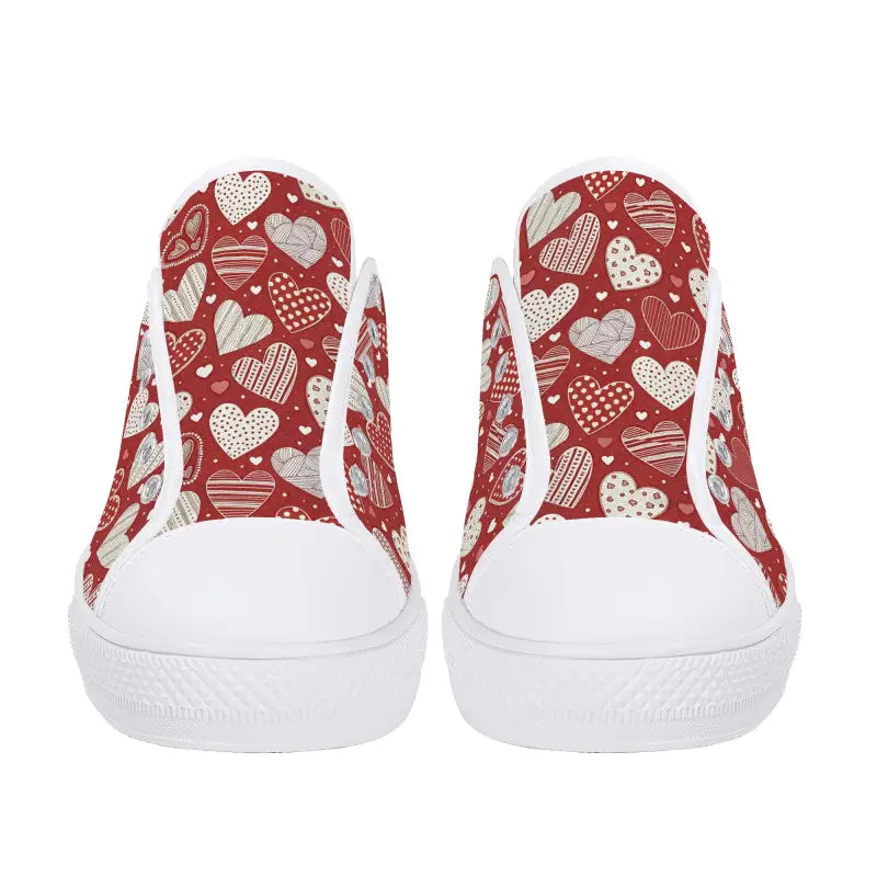 Red and white sneakers with heart pattern, perfect Valentine’s Day womens low shoes