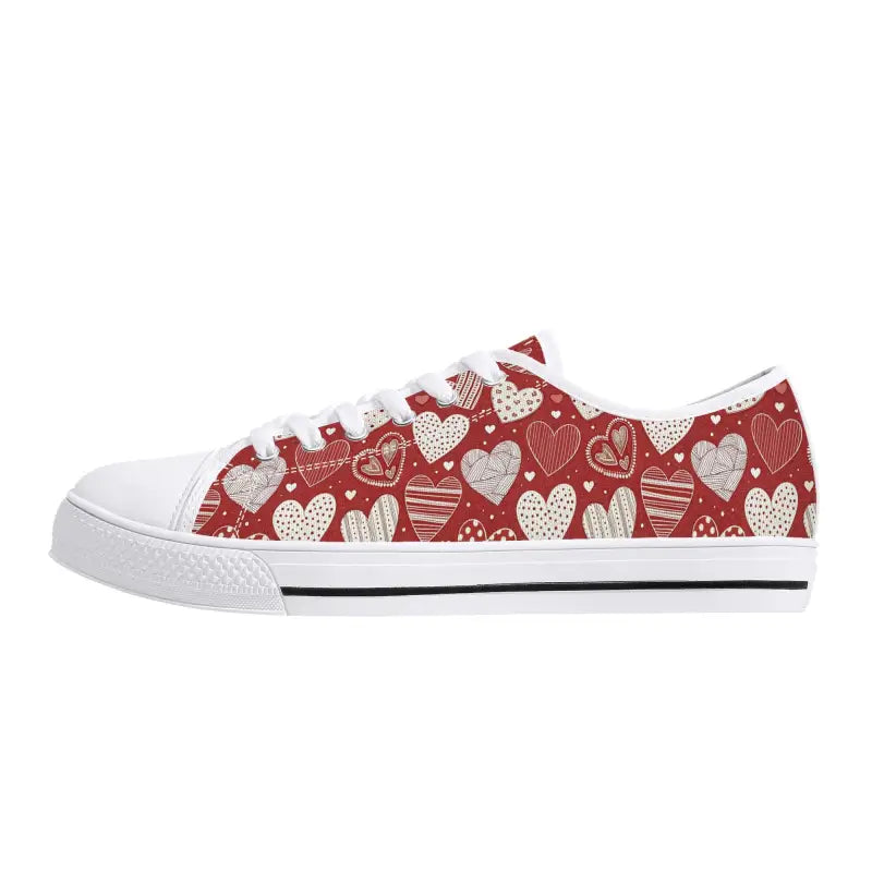 Red Valentine sneakers with white heart pattern and rubber sole for women’s low style