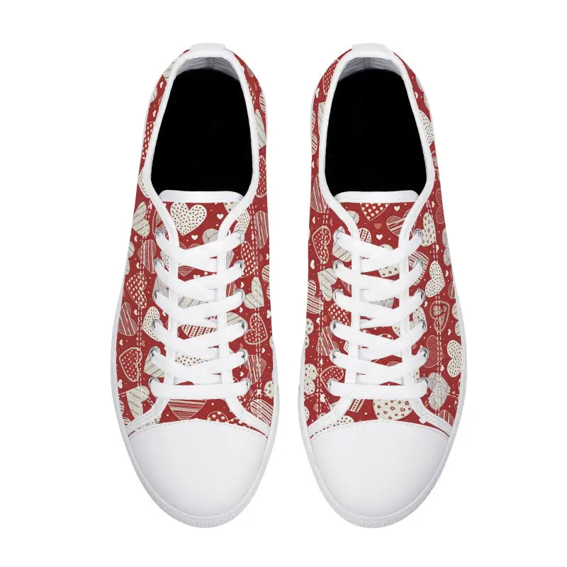 Red and white patterned women’s low Valentine sneakers with floral designs