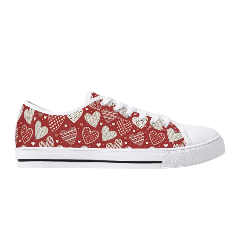 Red and white womens low Valentine sneakers with a cute heart pattern design