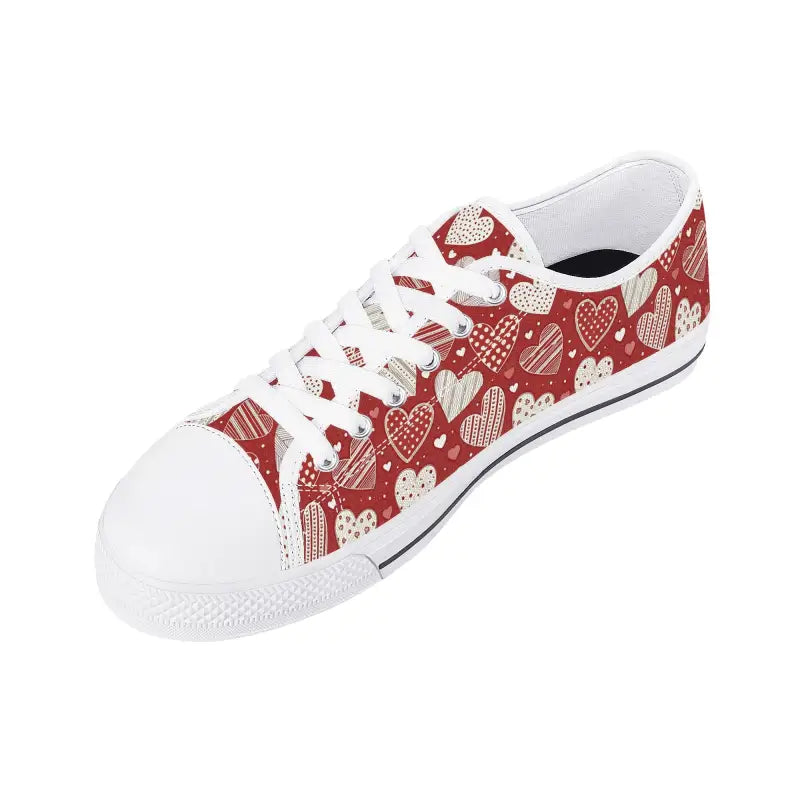 Red and white heart pattern women’s low Valentine sneakers for cute Valentine’s Day style