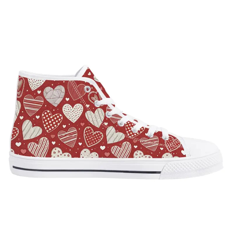 Red high-top sneaker with white heart pattern, perfect for Women’s Valentine Heart style