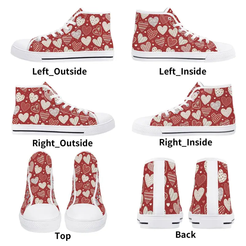 Womens Valentine Heart High Tops featuring a cute red and white heart pattern design