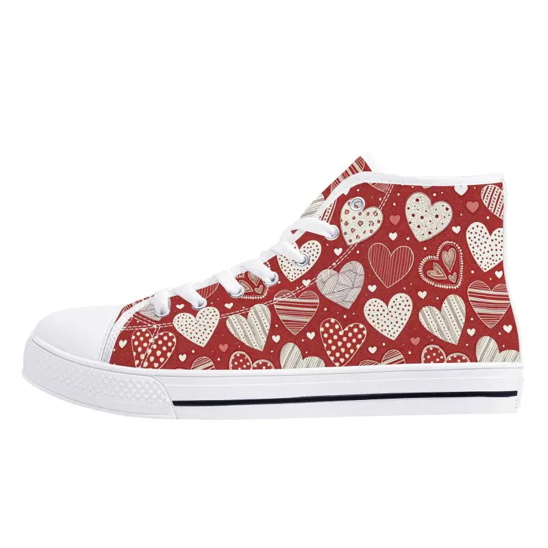 Red high-top sneaker with white heart pattern perfect for Womens Valentine Heart styles