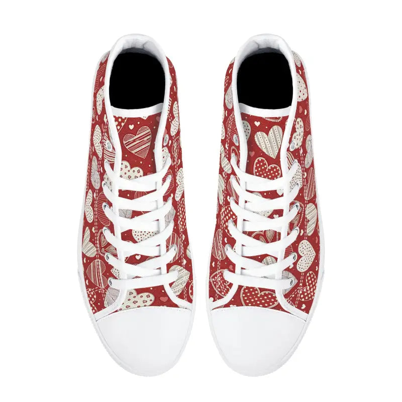 Red and white high tops with a heart pattern perfect for Women’s Valentine Heart style