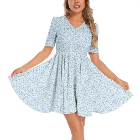 Light blue floral mini milk maid dress with short sleeves and a flared skirt