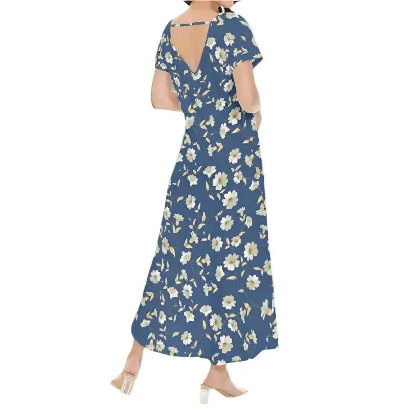 Flirty Blue Floral Maxi Dress with short sleeves and v-neckline for stylish women