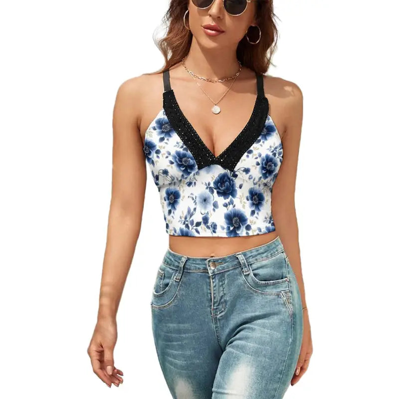 Woman rocking a Blue Floral Coquette Cami with jeans for a stylish look