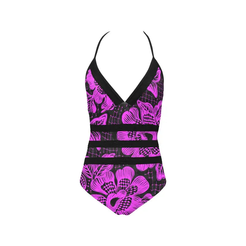 Pink and black floral print lace band swimsuit with halter neck and mesh details