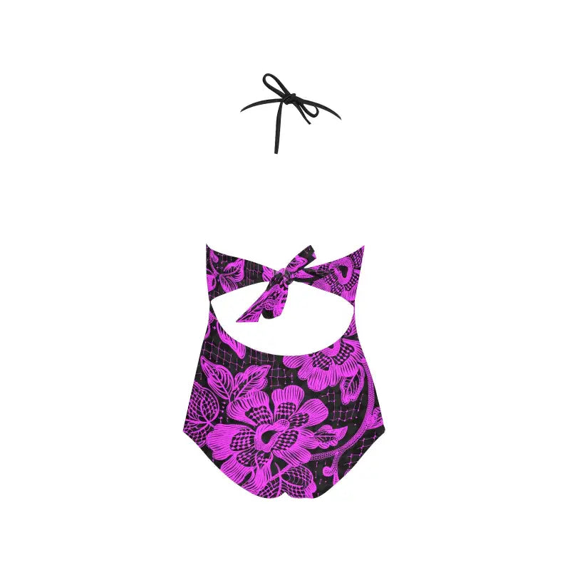 Purple and black floral print lace band swimsuit with halter neck ties for stylish beach fun