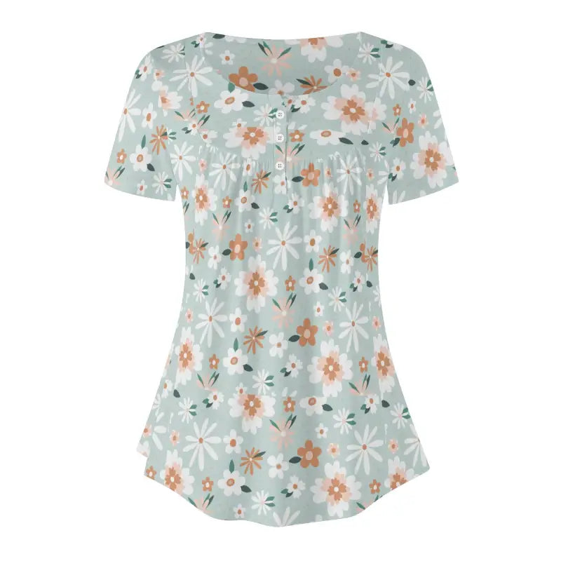 Floral Boho V-Neck Blouse in pastel colors with gathered neckline, perfect for garden vibes