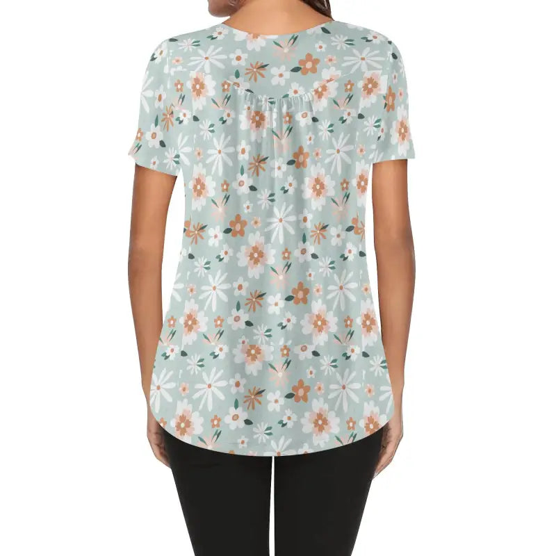 Floral Boho V-Neck Blouse featuring a rounded hem in green floral print for women