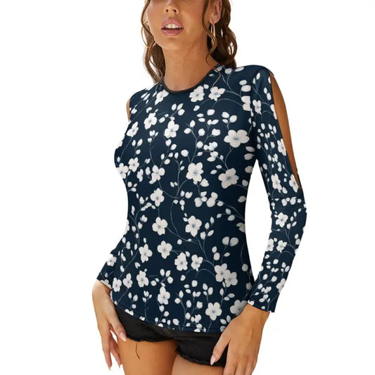 Navy blue floral cold shoulder top featuring a cute white flower print design