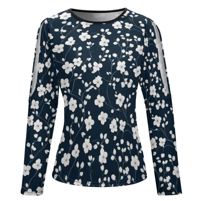 Navy blue long-sleeved top with white floral print in a floral cold shoulder design