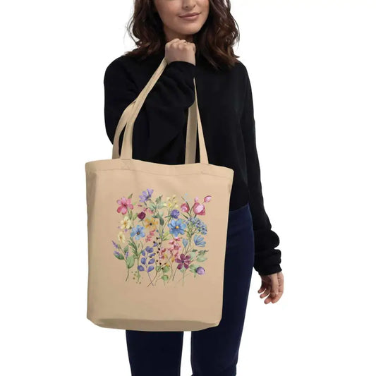 Beige eco canvas tote with colorful floral design for cottage core wildflower vibes