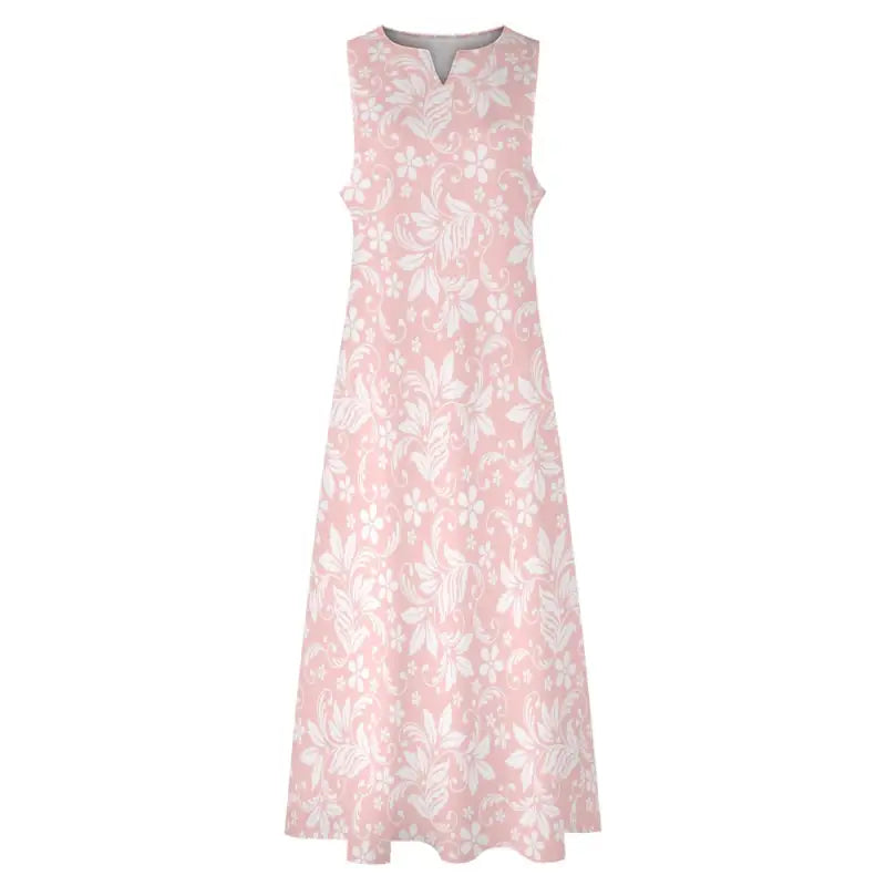 Sleeveless pink floral maxi dress with V-neckline perfect for sunny days