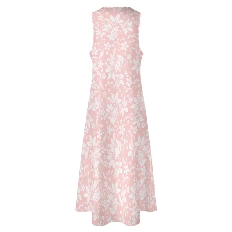 Sleeveless pink floral maxi dress with high neckline and A-line silhouette, perfect for summer