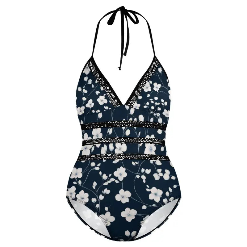 Navy blue halter neck floral one-piece swimsuit with white print for plus-size beach babes