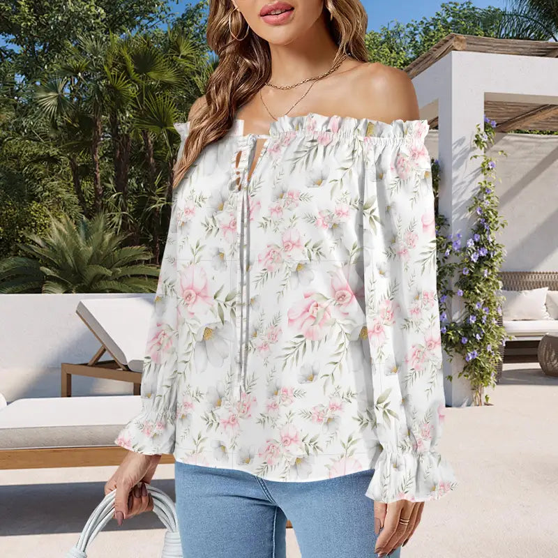 Off-shoulder pastel floral peasant blouse with long sleeves and front zipper in white