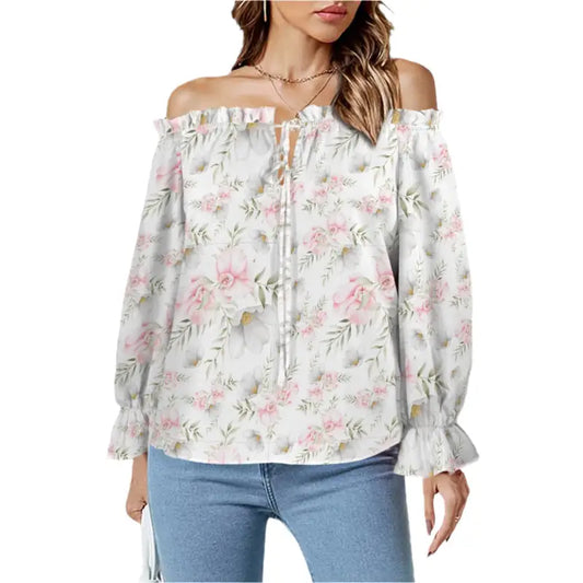 Off-shoulder pastel floral peasant blouse with long sleeves and tie neckline in white