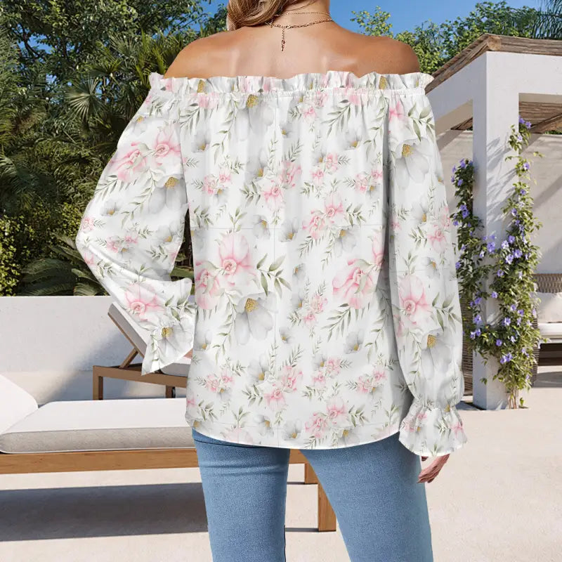 Off-shoulder pastel floral peasant blouse with ruffles for a chic, comfy vibe