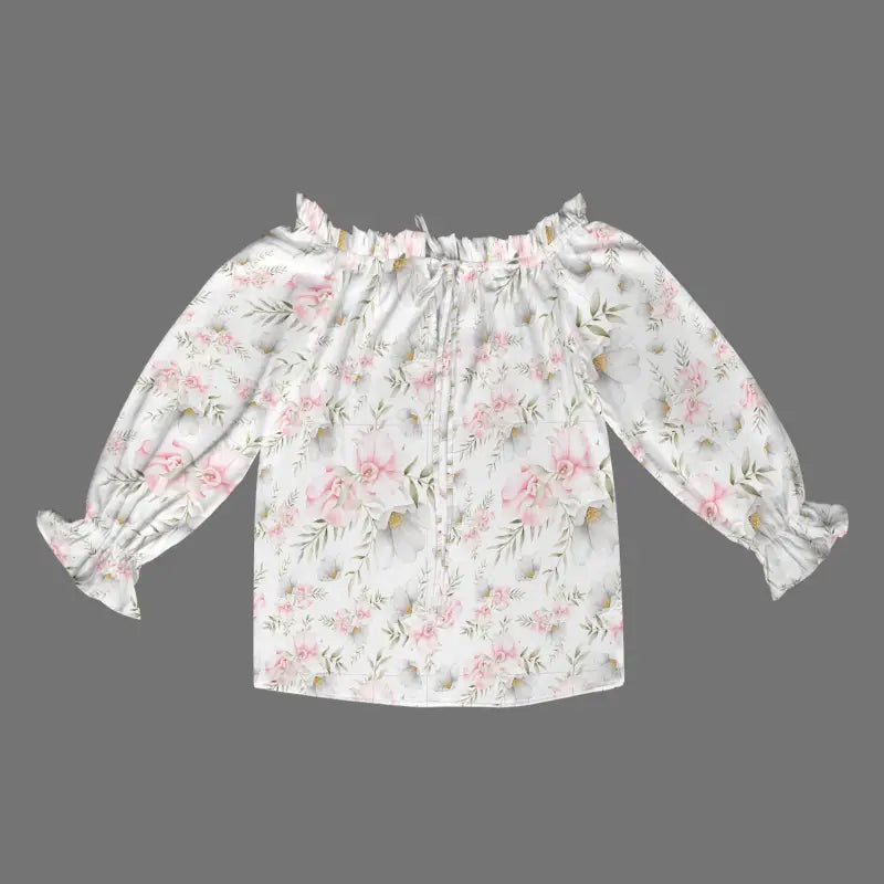 White floral peasant blouse with pink flowers and ruffled sleeves for chic comfort