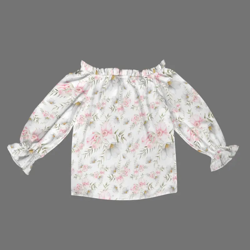 White floral off-shoulder peasant blouse with ruffled sleeves for a chic look