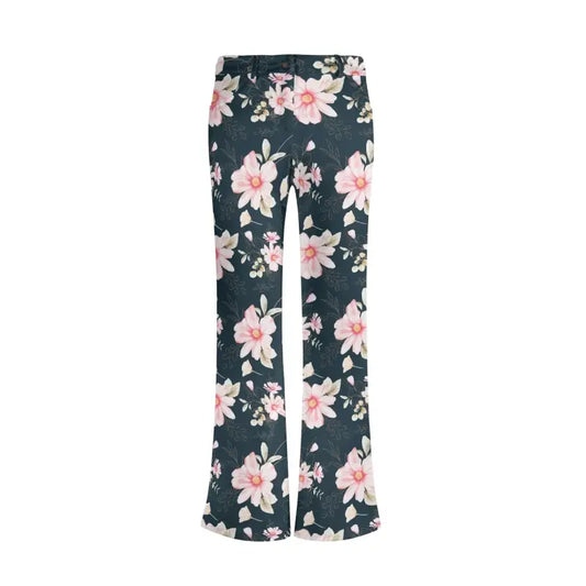 Womens black floral flare pants with a pink floral print on a dark background