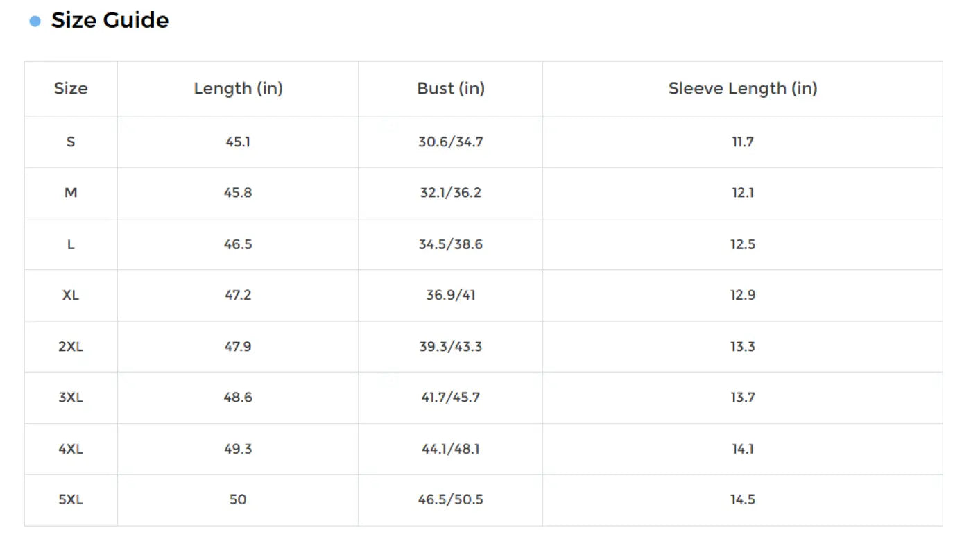 Size chart for Floral Sleeveless Maxi showing measurements from S to 5XL in blue floral