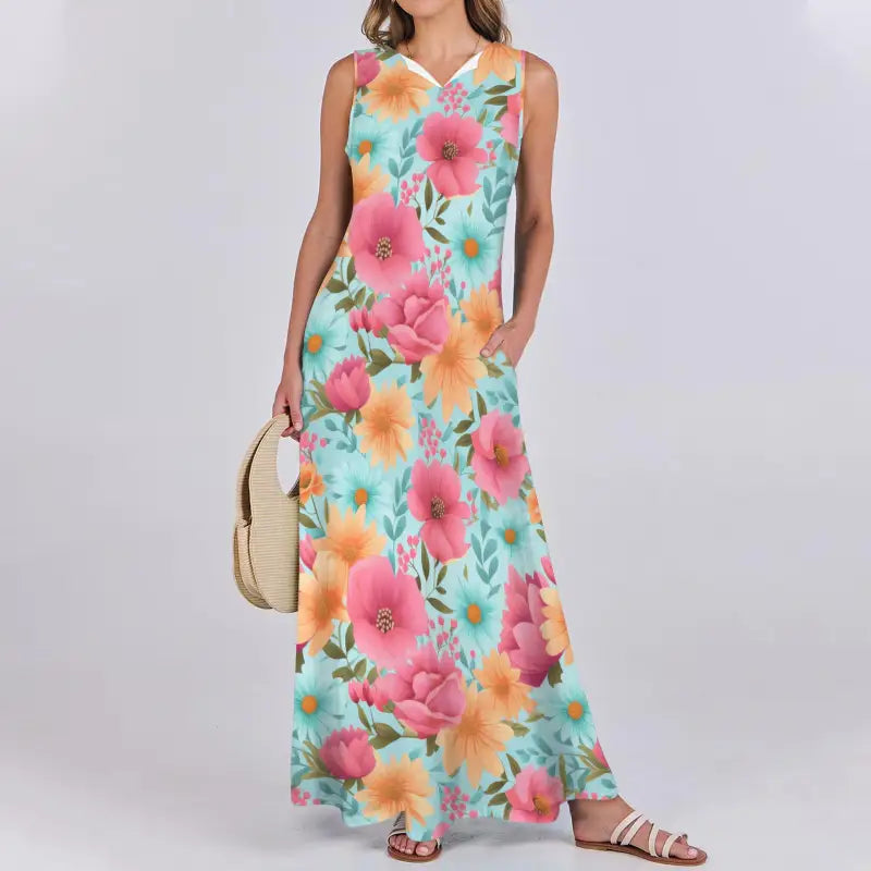 Floral sleeveless maxi dress with pink, orange, and turquoise blooms on a light background