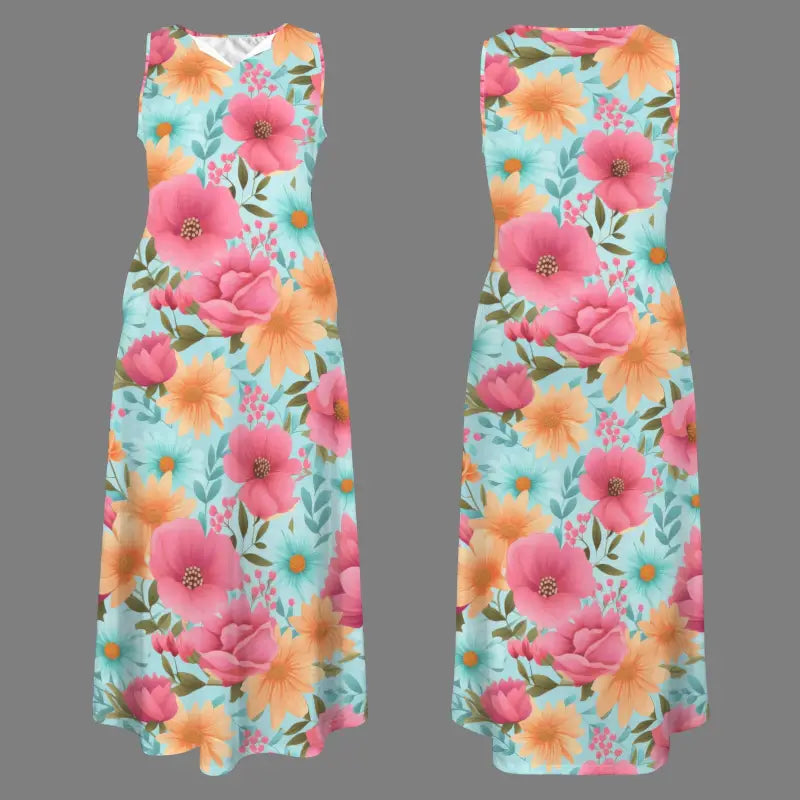 Floral Sleeveless Maxi in pink, orange, and turquoise blooms for a breezy style