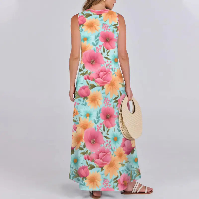 Floral Sleeveless Maxi dress in turquoise with pink and orange blooms for a breezy vibe