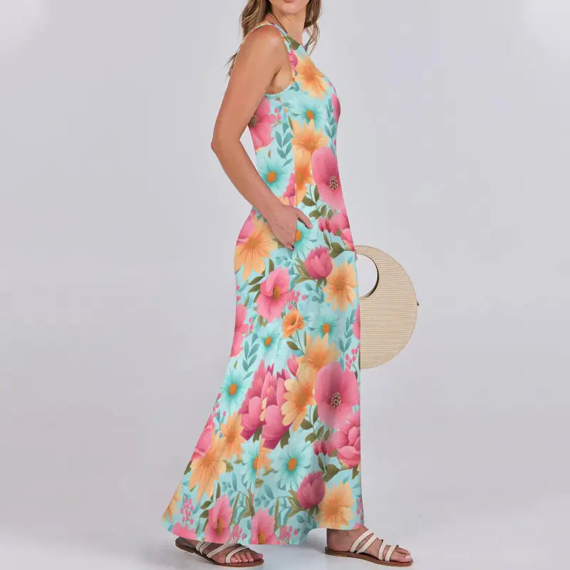 Floral Sleeveless Maxi with pink and orange blooms on a turquoise background