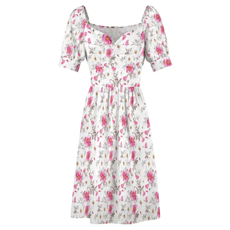 Floral Sweetheart Dress with pink roses and puff sleeves for a cute, fresh look