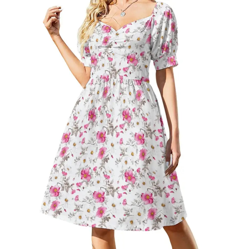 Floral Sweetheart Dress with pink roses, puff sleeves, and a chic midi length