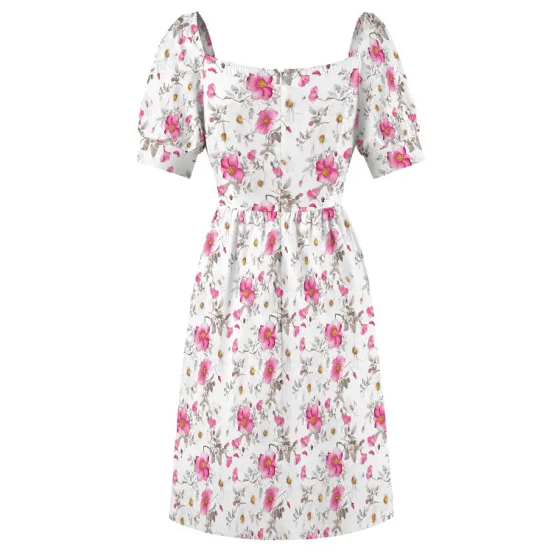 White floral sweetheart dress with pink roses and puff sleeves for a chic look