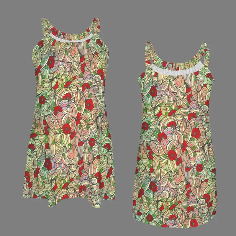 Two Floral Swirl Sundresses with a fun swirl print in green, red, and beige