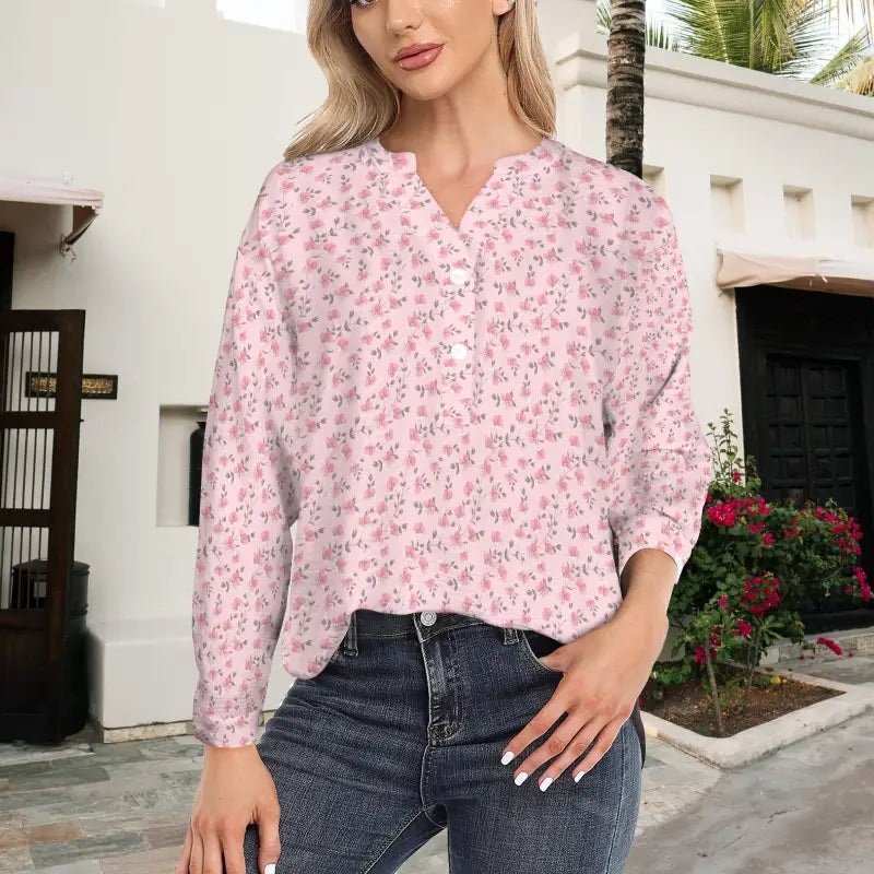 Pink floral v neck tunic with long sleeves perfect for any casual outfit