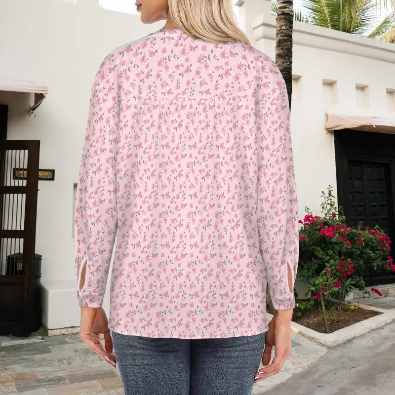 Pink floral v neck tunic with long sleeves, perfect for blooming in style