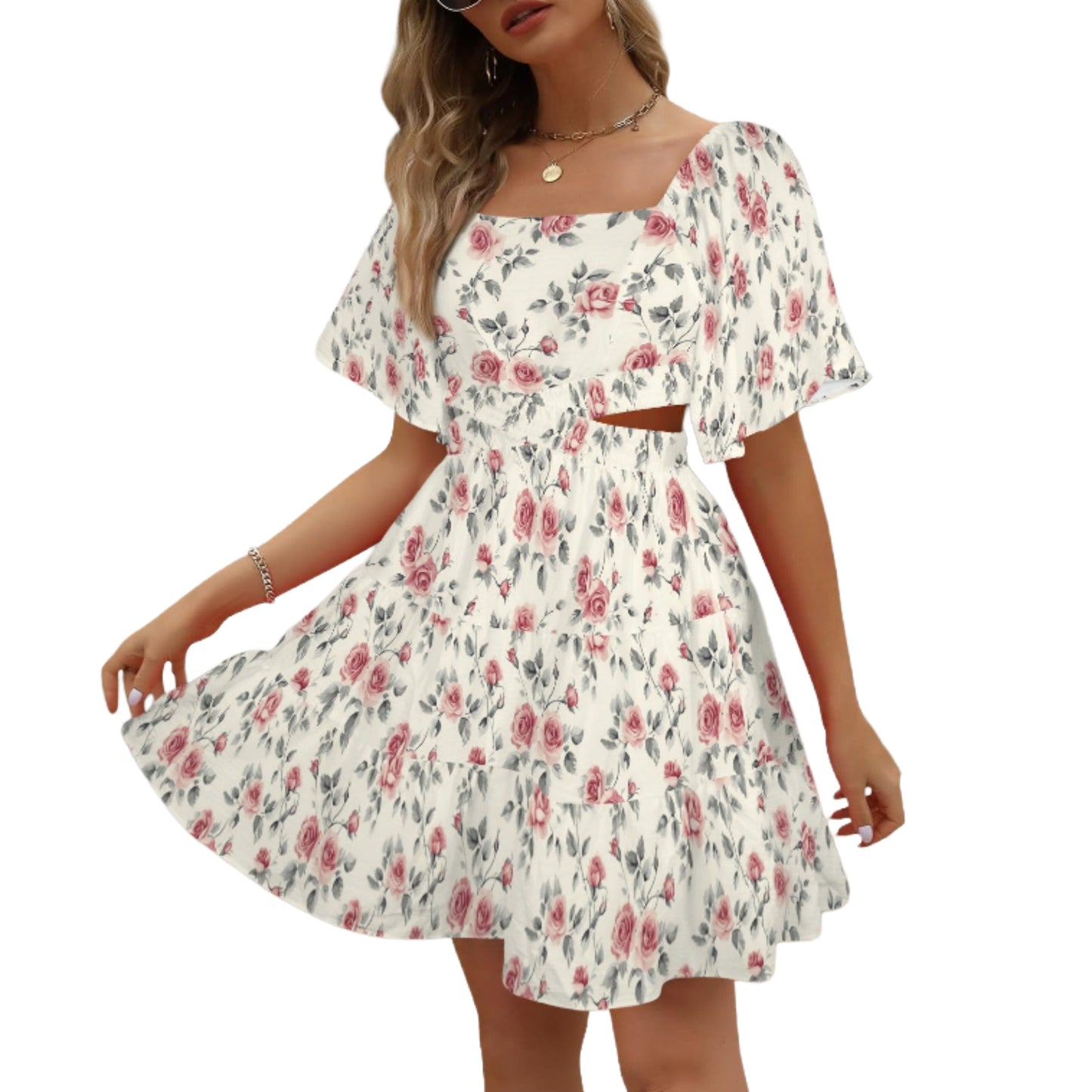 floral a line mini dress front flutter sleeves