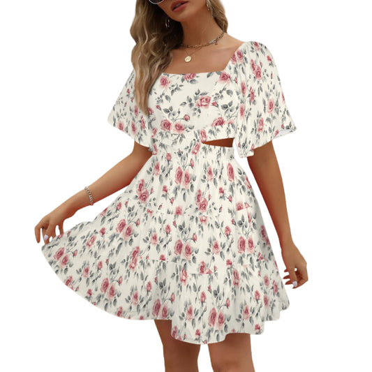 floral a line mini dress front flutter sleeves