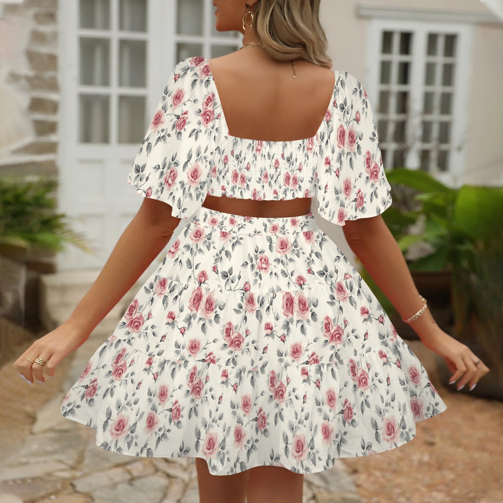 floral dress back view cutout waist detail