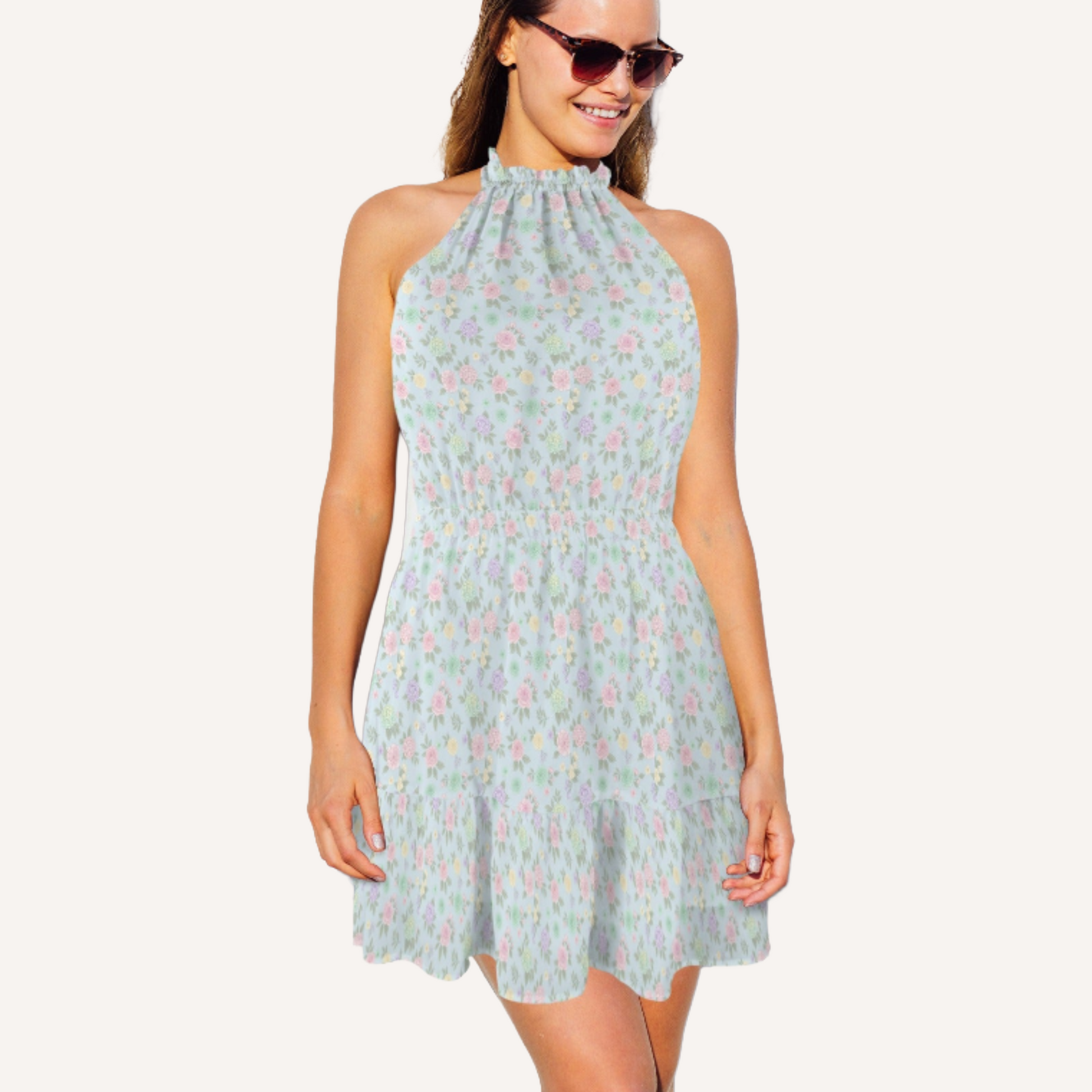 floral halter neck mini dress front view pastel print tiered silhouette